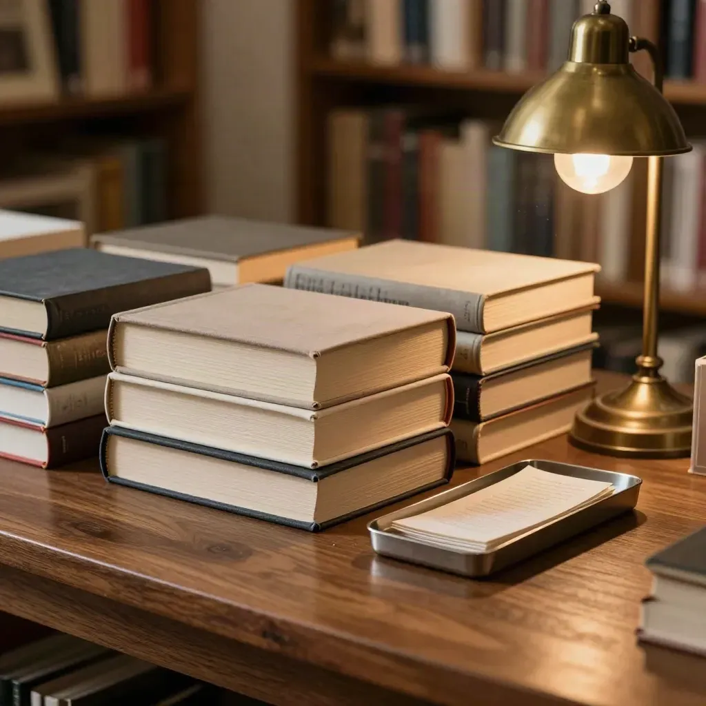 Face-down hardcovers, receipt tray and brass lamp on a bookstore review table at closing