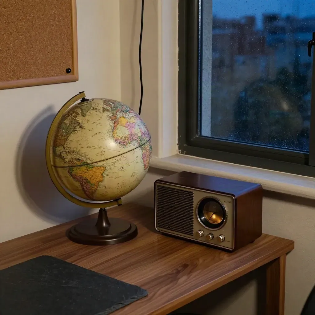 Dusk-lit foreign desk with globe, radio, pinned cables and a night window