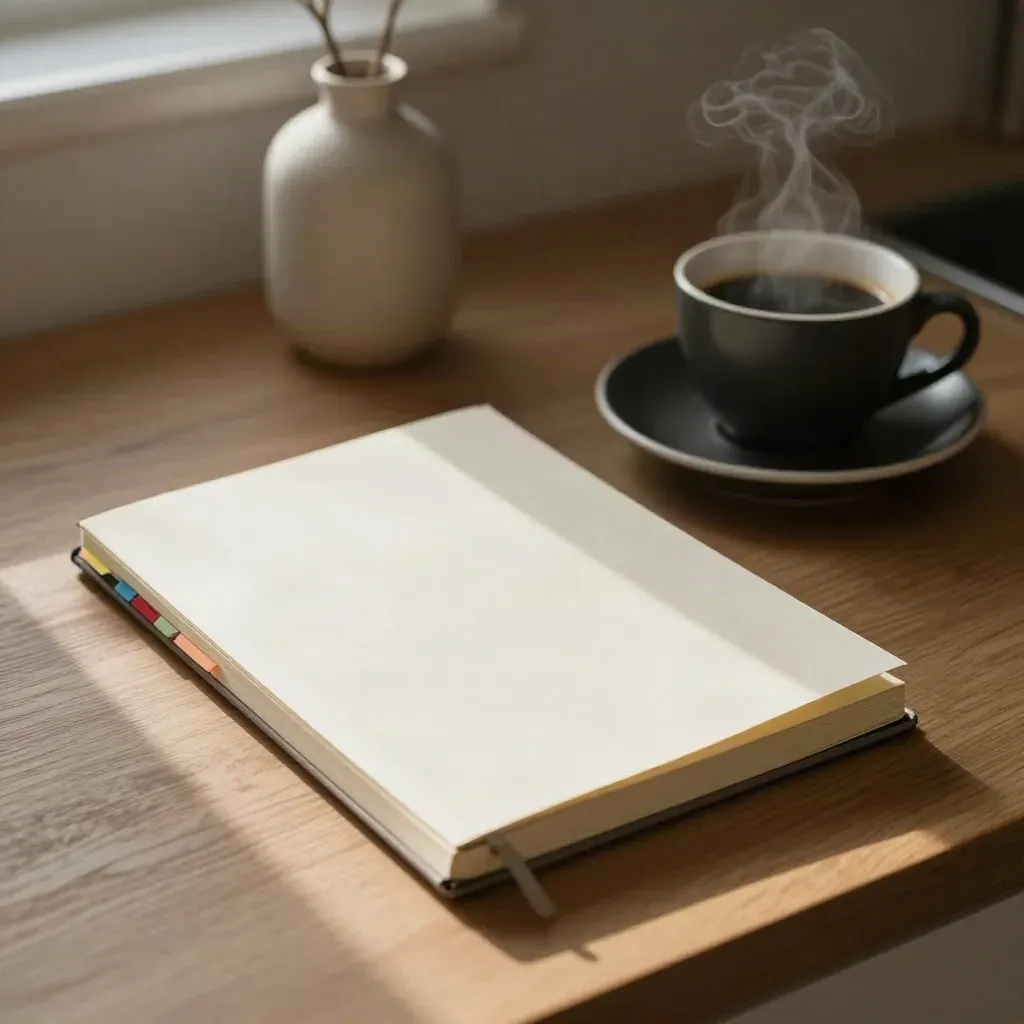 Top-down kitchen counter with notebook, black coffee cup, tabs, and vase in soft morning light.