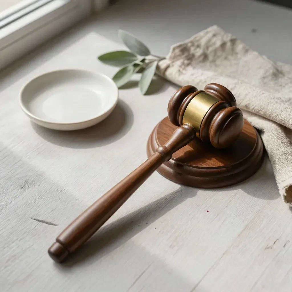 Top-down gavel with linen, dish and greenery on pale wood, a crisp politics editorial still life.