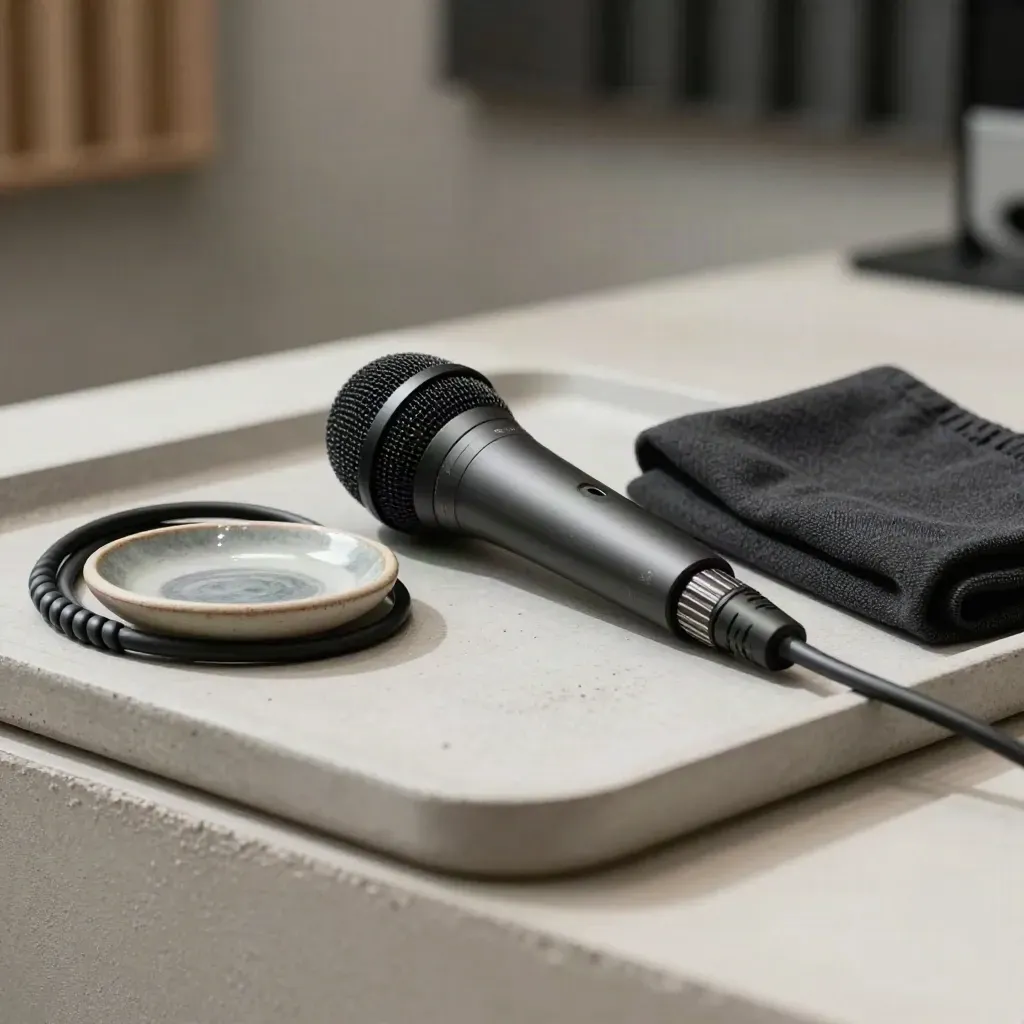Matte microphone, coiled cable, cloth and ceramic dish on a concrete tray in soft studio light