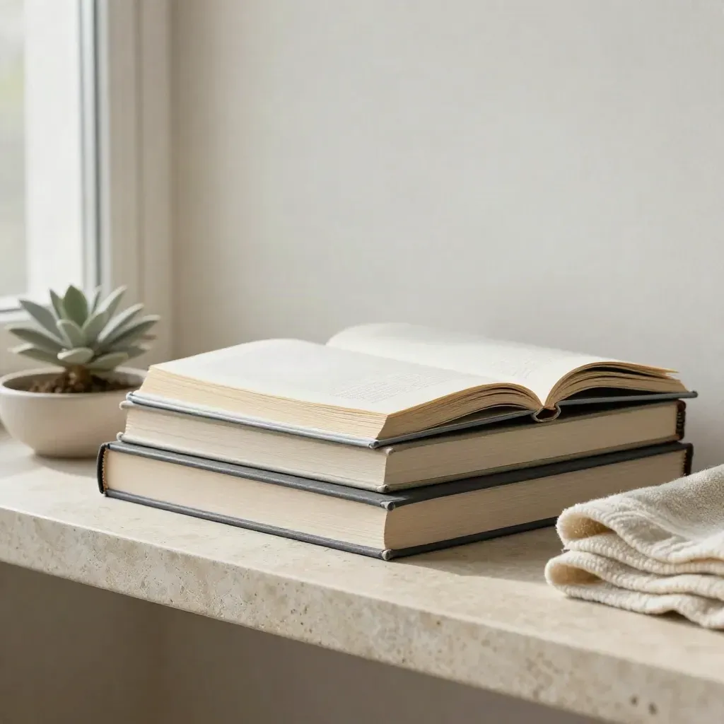 Clothbound books, plant, ceramic bowl, and wool cloth on a stone shelf