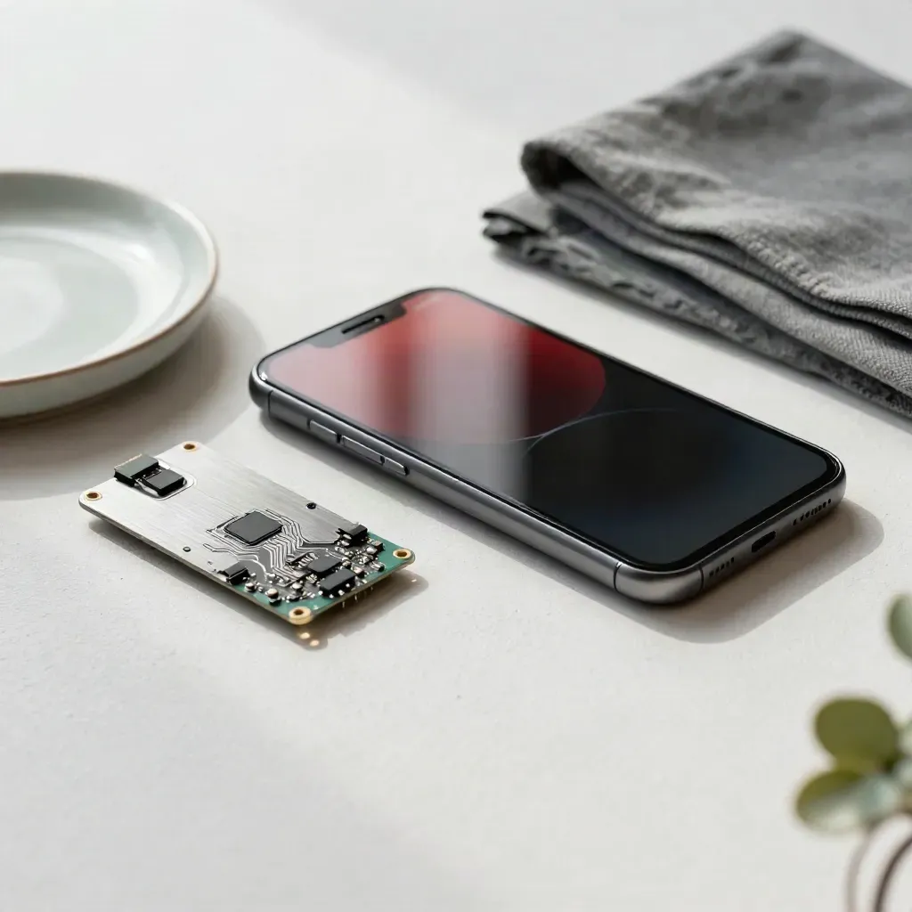 Top-down still life of a smartphone, circuit board, ceramic dish, cloth, and small plant on plaster.