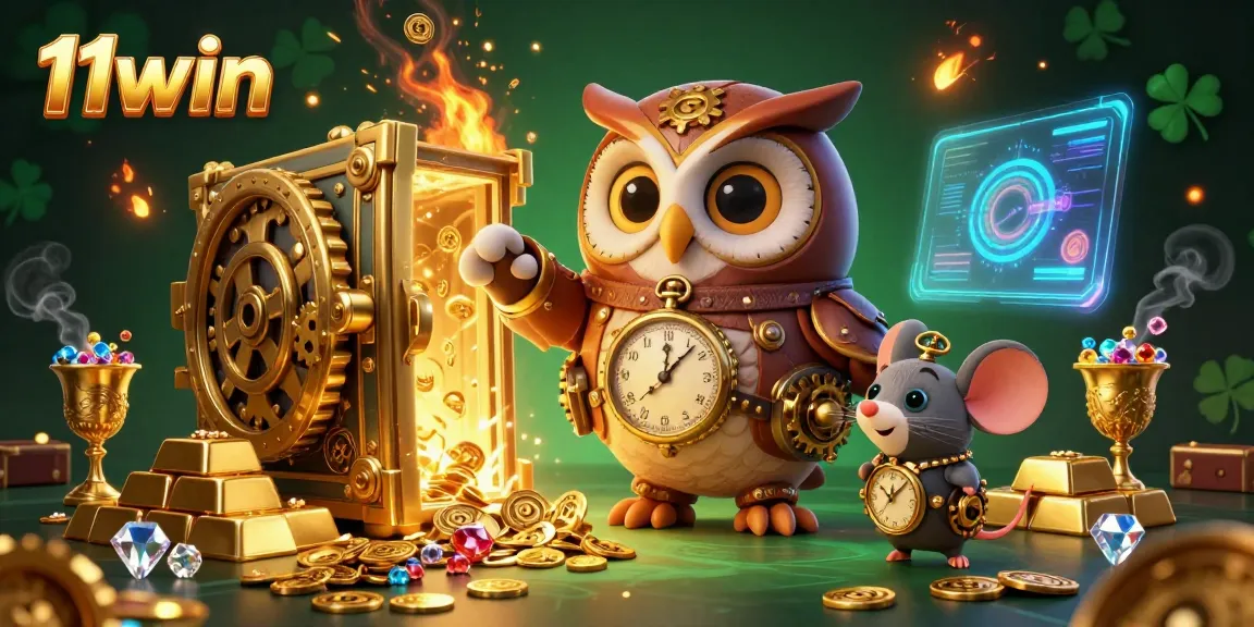Engaging 11win casino adventure featuring a time-traveler owl, gold treasures, and dynamic casino elements.