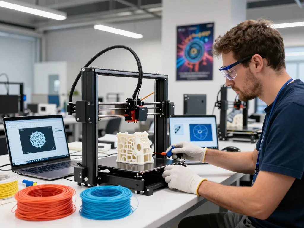 3D Printing expert monitoring a printer in a vibrant workshop filled with colorful filaments and CAD designs.
