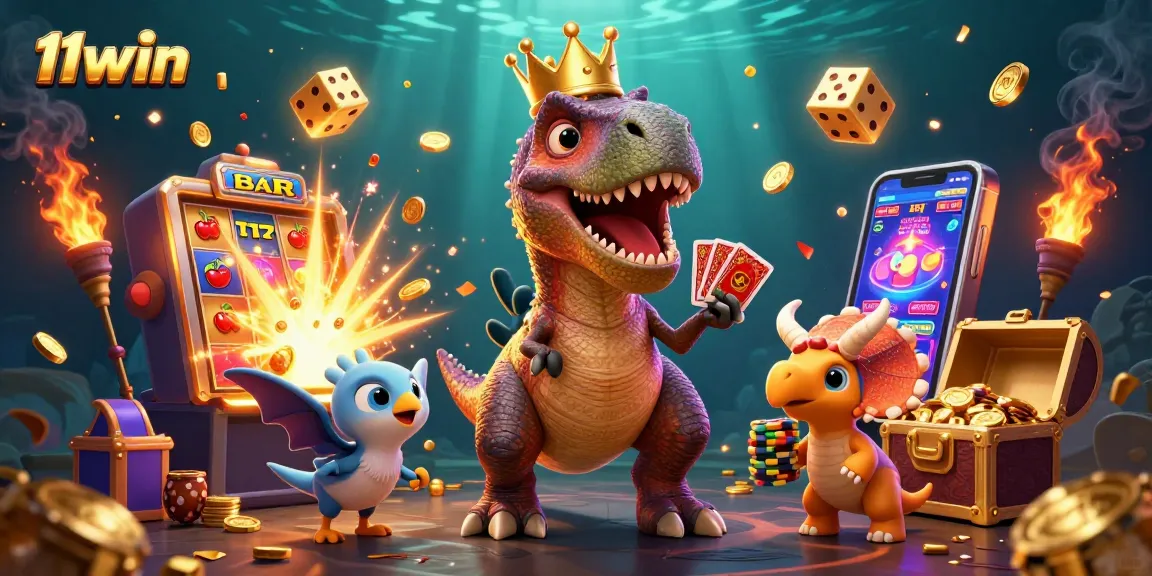 Join the fun with 11win in this vibrant 3D illustration of a casino-themed adventure.