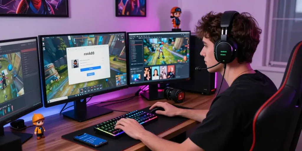 Player engaging with rokok88 login on a vibrant gaming setup showcasing tech and lifestyle.