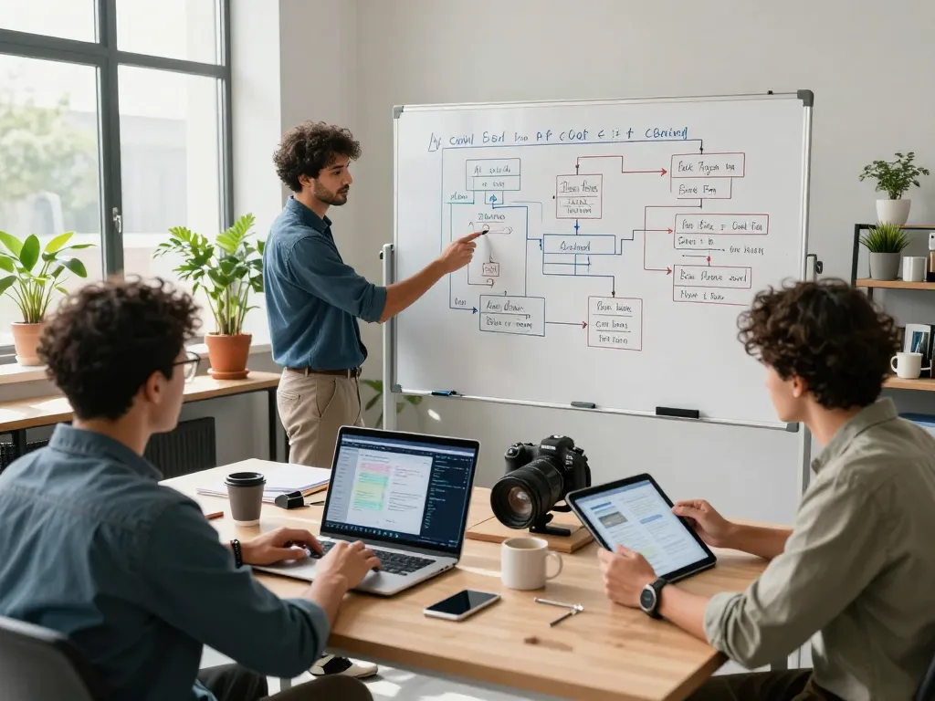 AI automation team collaborating on innovative solutions in a modern office setting
