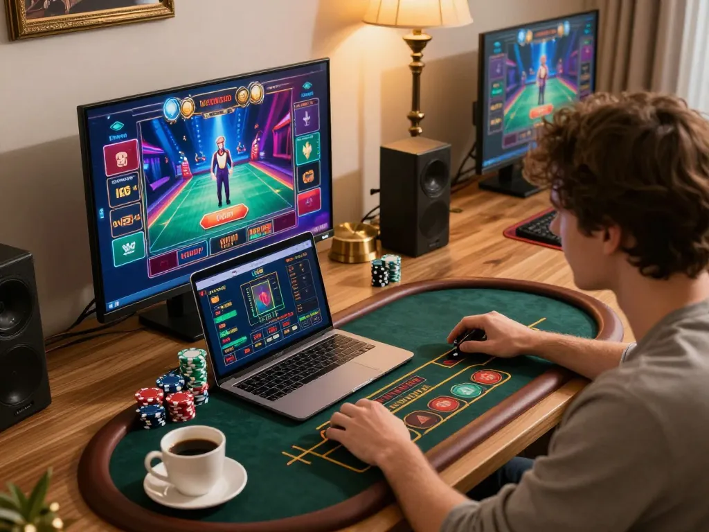 Player engaging in live dealer game at fly 88 with multiple screens showing dynamic casino action.