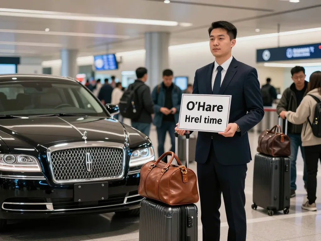 Luxury airport transportation O’Hare with a chauffeur ready to serve clients at the airport.