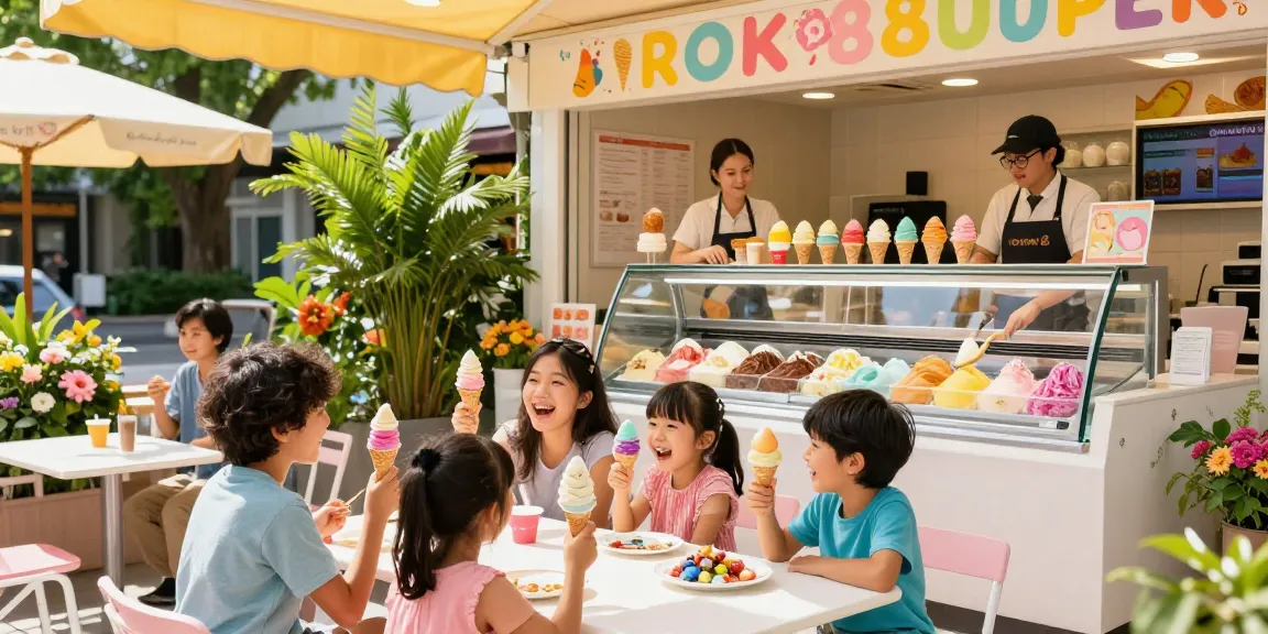 Delighted family enjoying unique rokok88 ice cream flavors at a vibrant outdoor table.