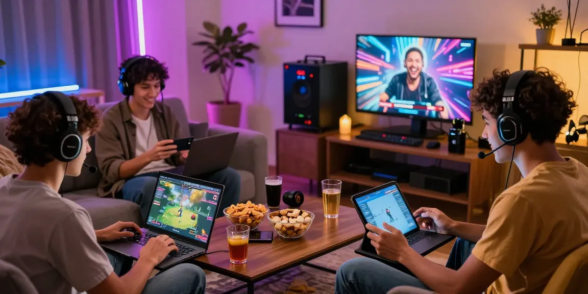 Exciting scene of young adults playing immersive adult games on various devices in a cozy gaming environment.