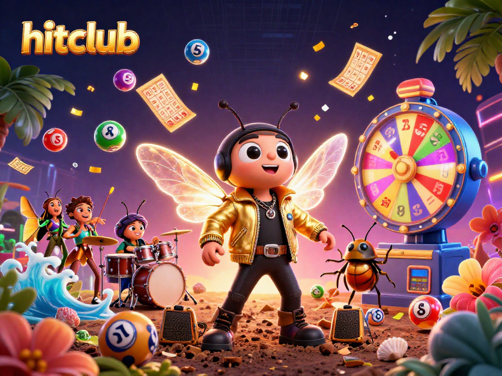 Hitclub's cicada rock star illustrates a vibrant lottery scene with energetic characters.
