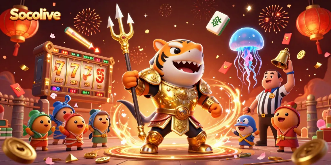 Socolive engages gamblers with a vibrant 3D tiger shark in gladiator armor surrounded by dynamic casino elements.