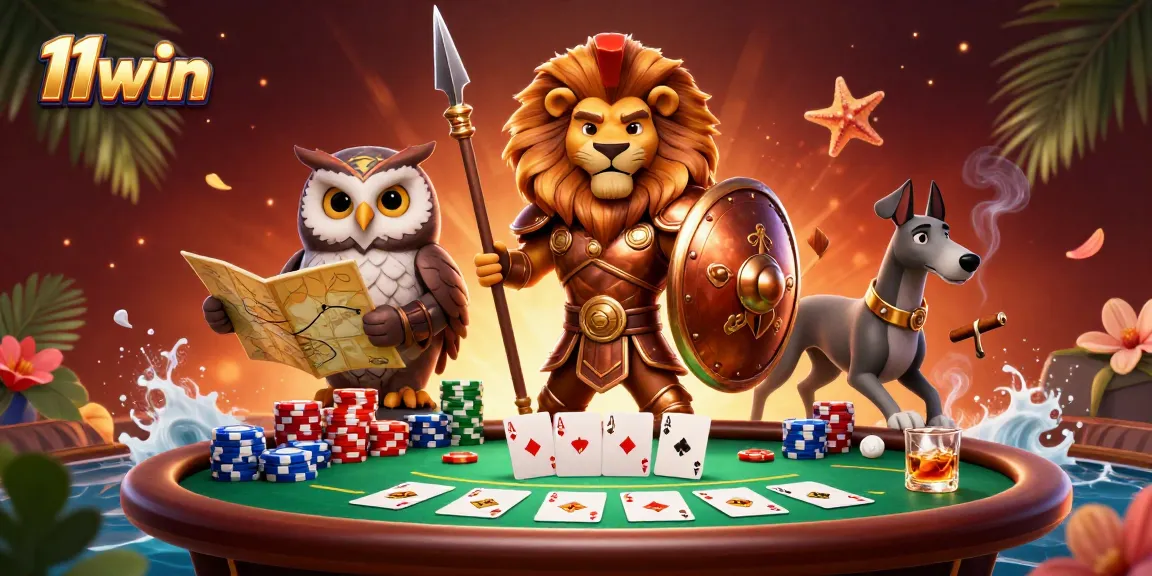 Engage with 11win's poker scene featuring a Spartan lion, owl strategist, and greyhound in a rich 3D illustration.