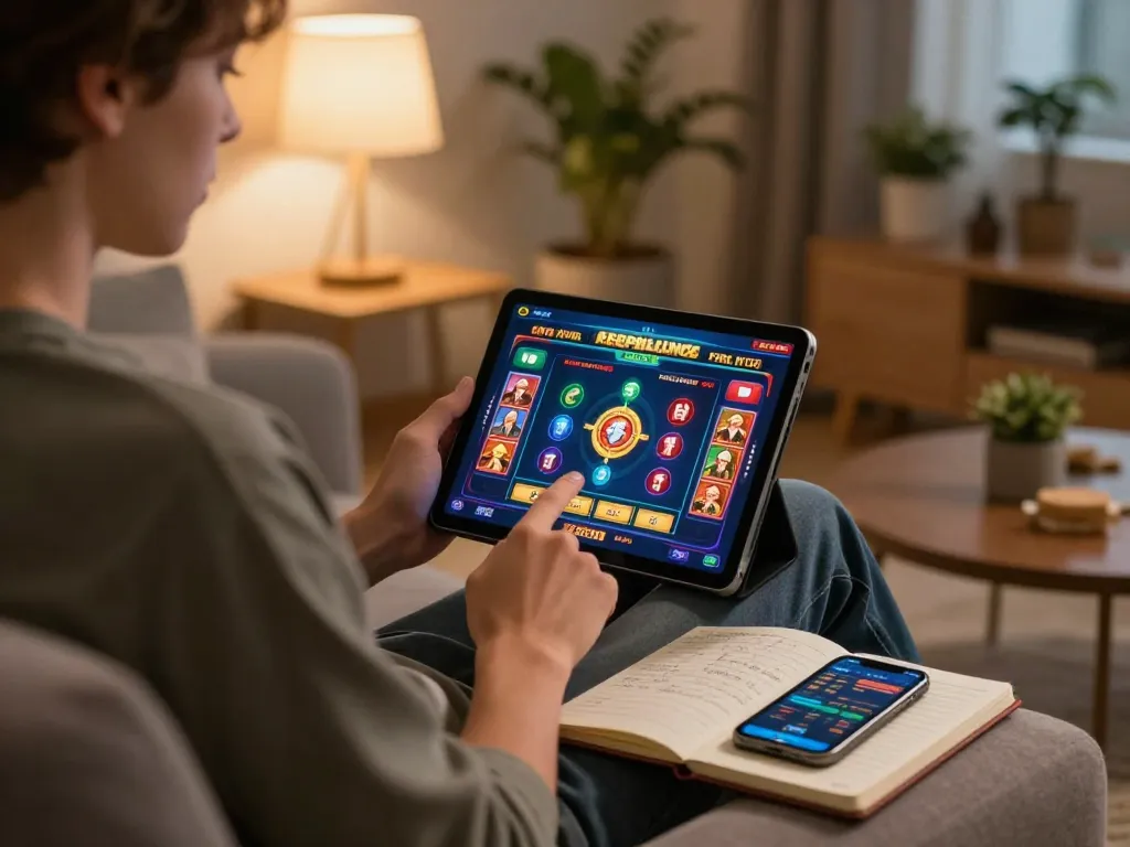 Tham gia trò chơi sòng bạc trực tuyến với Link 12bet hiển thị trên máy tính bảng trong không gian ấm cúng tại nhà.