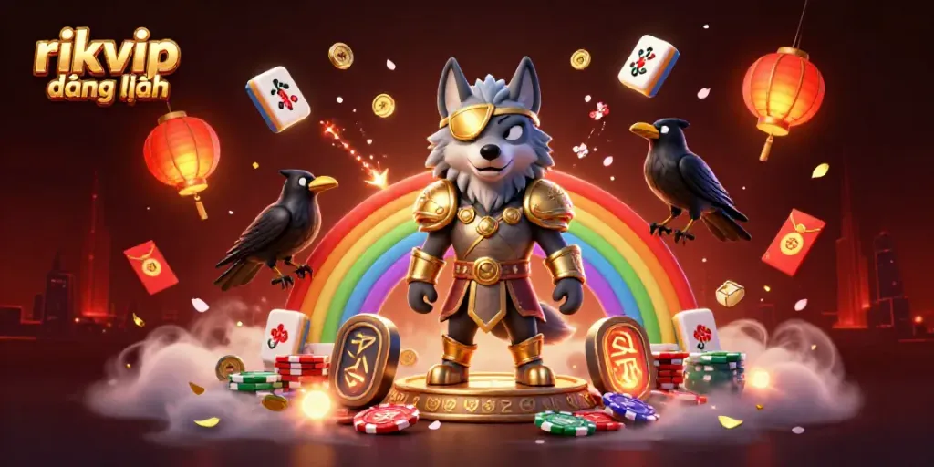 Join the excitement of rikvip đăng nhập with a captivating scene of mythical characters and casino elements.