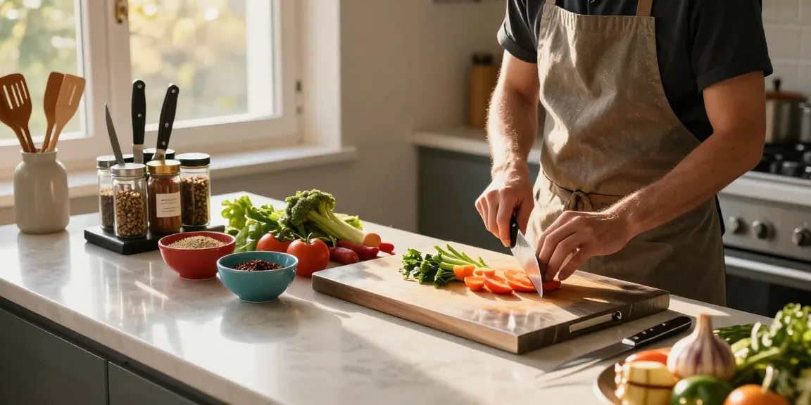 Charming kitchen scene with a cook using the best titanium cutting board to slice fresh vegetables amidst vibrant produce and organized kitchenware.