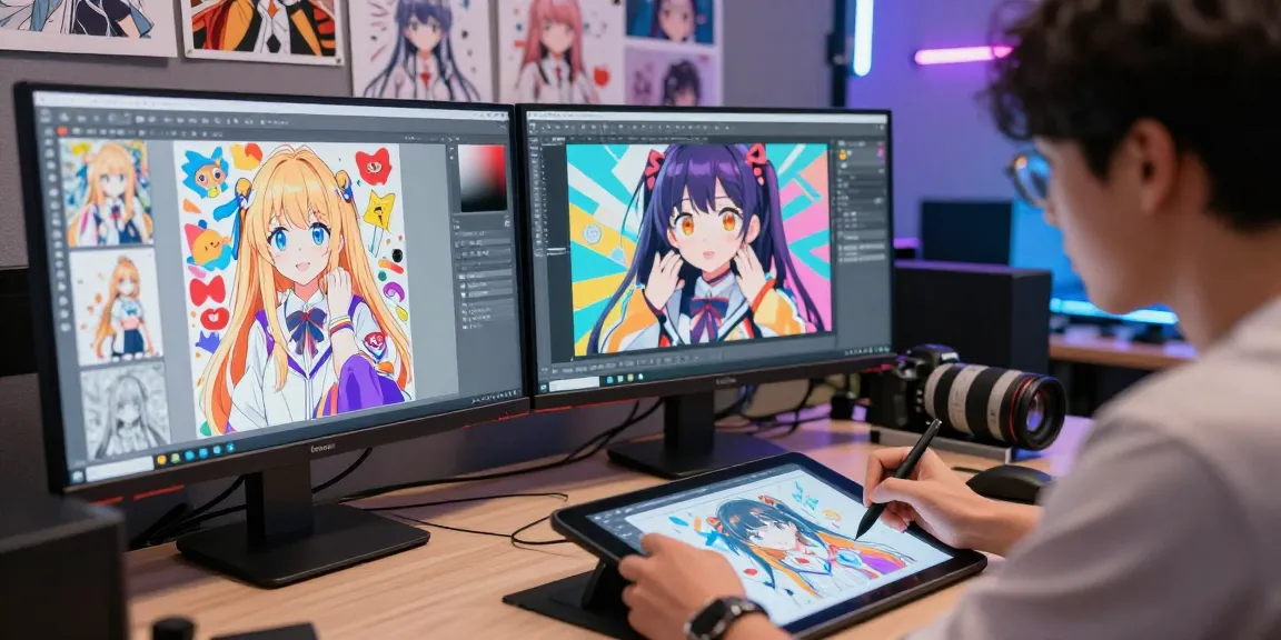 Artist using AI ecchi tools to create dynamic anime art in a vibrant studio.