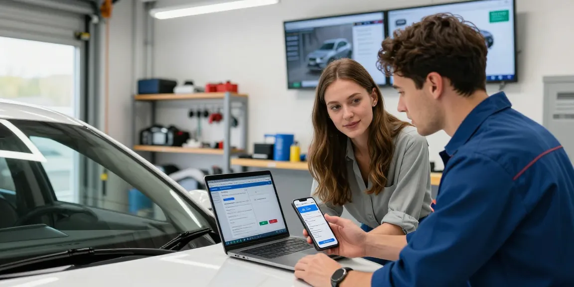 Couple using a car history check UK service in a bright modern garage.