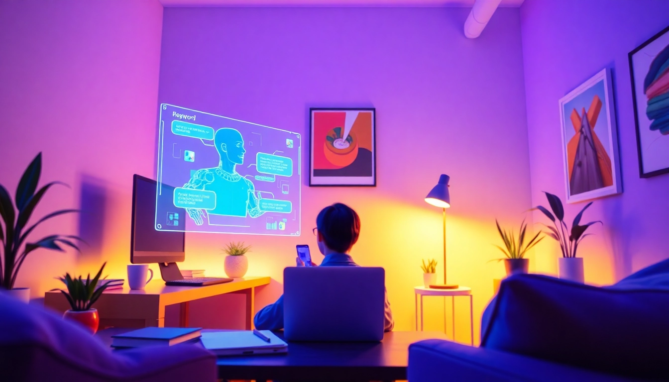 Engaging interaction with crush on ai through a futuristic holographic character in a modern workspace.