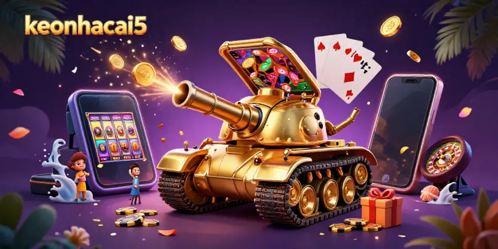 Engage with keonhacai5 in a vibrant 3D casino scene featuring a golden beetle casino tank and dynamic gambling elements.