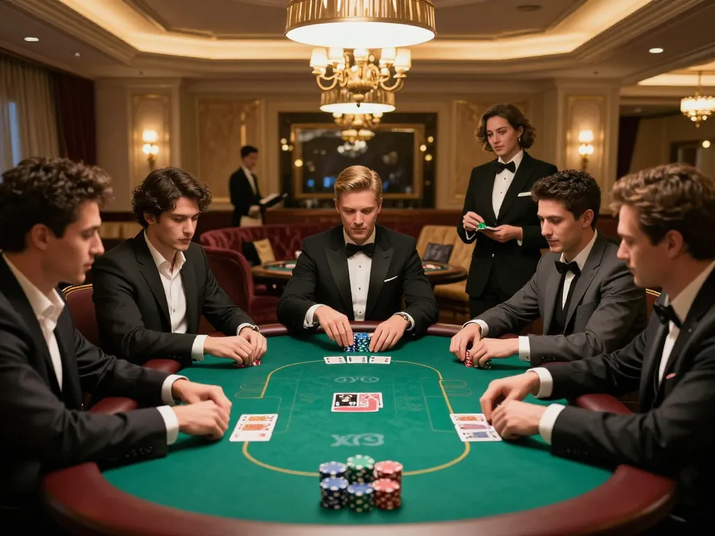 Men at a high-stakes poker game representing man club ambiance in a luxurious casino setting.