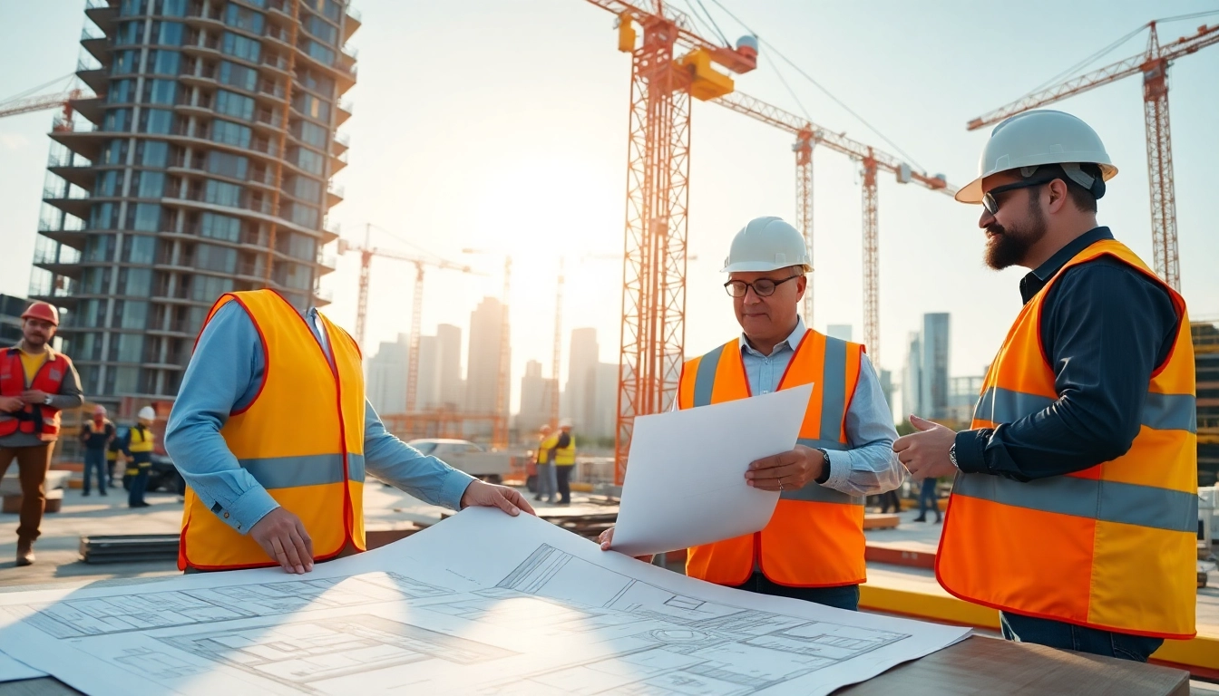 Experience construction management training in action with professionals coordinating on-site projects.