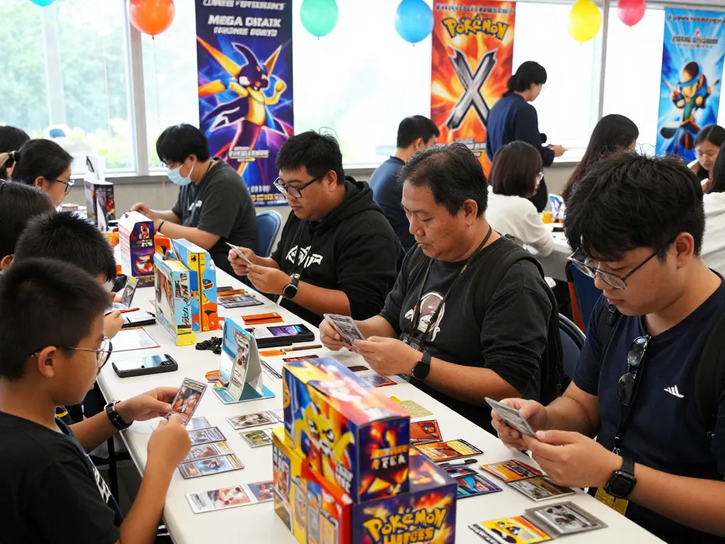 Excited fans engaging with Pokémon TCG products at a lively community event, showcasing Mega Evolution Elite Trainer Boxes and colorful card collections.