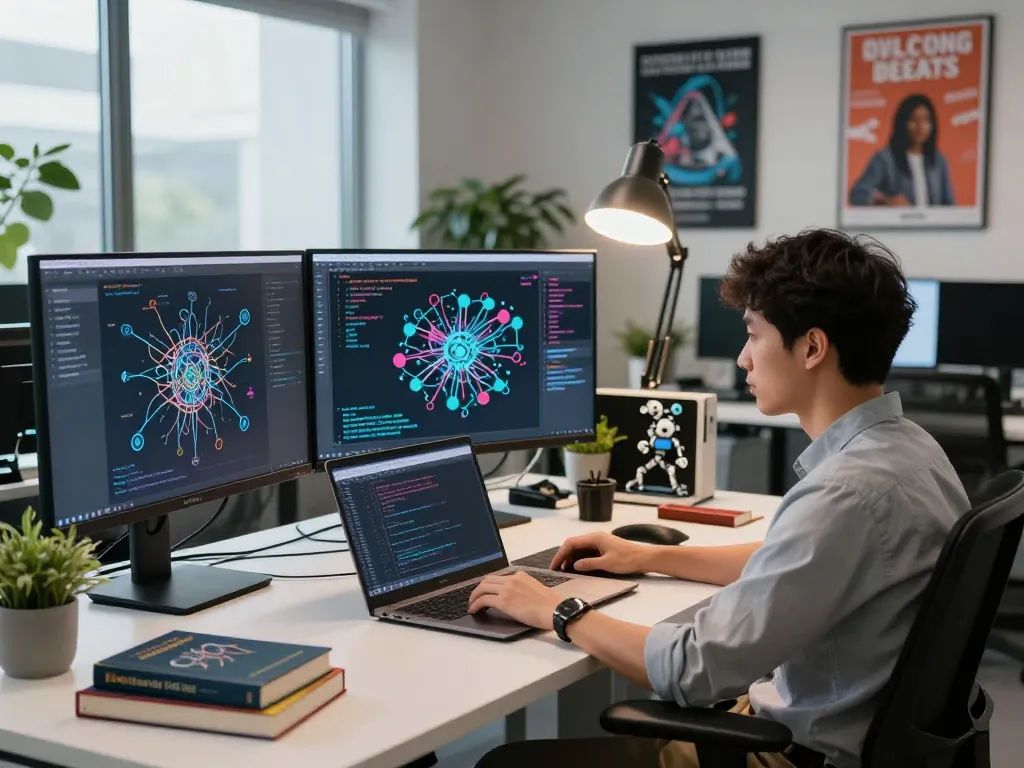 AI researcher delving into mind control AI algorithms in a modern tech workspace.