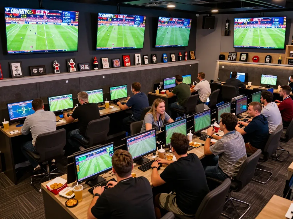 Betting enthusiasts engaging with CAKHIATV's live football odds in a vibrant sports lounge.