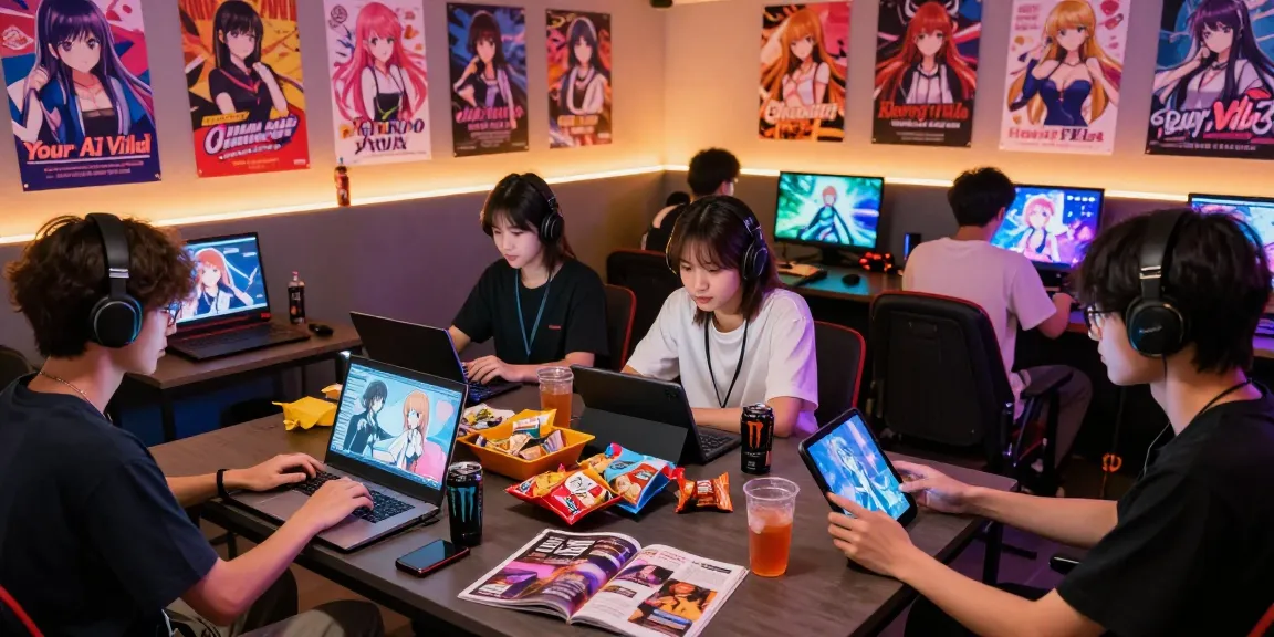 Players enjoying hentaigames in a vibrant gaming lounge, showcasing popular characters and interactive devices.