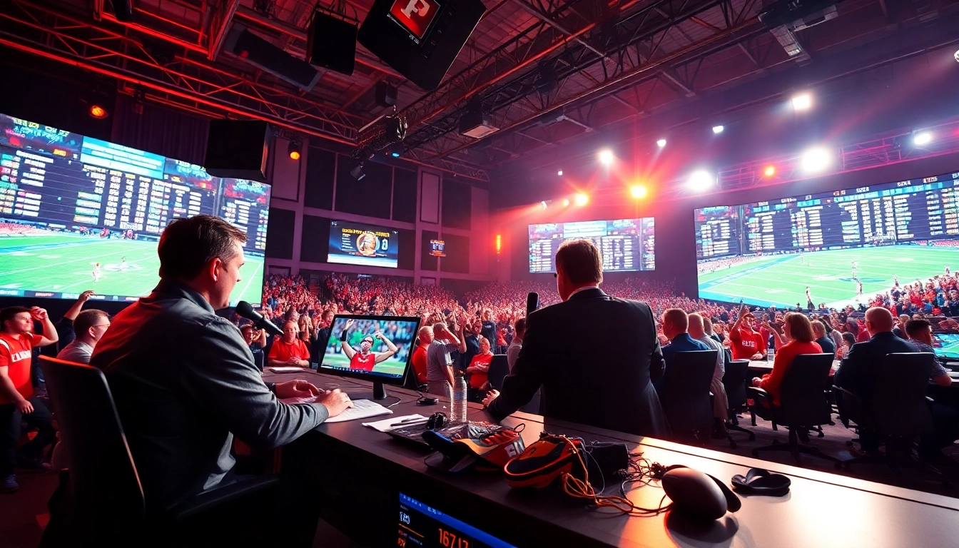 Engaging scene of Sports Broadcasting with a vibrant studio and enthusiastic commentators.