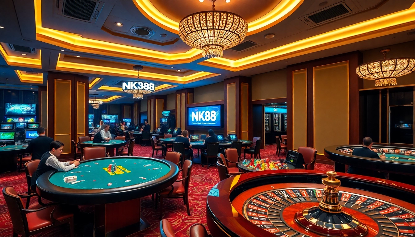 Engaging players at a luxurious NK88 casino table with vibrant poker chips and cards.