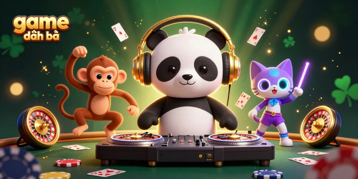 Spin to win in game đánh bài with our 3D DJ panda and lively characters in a casino setting!