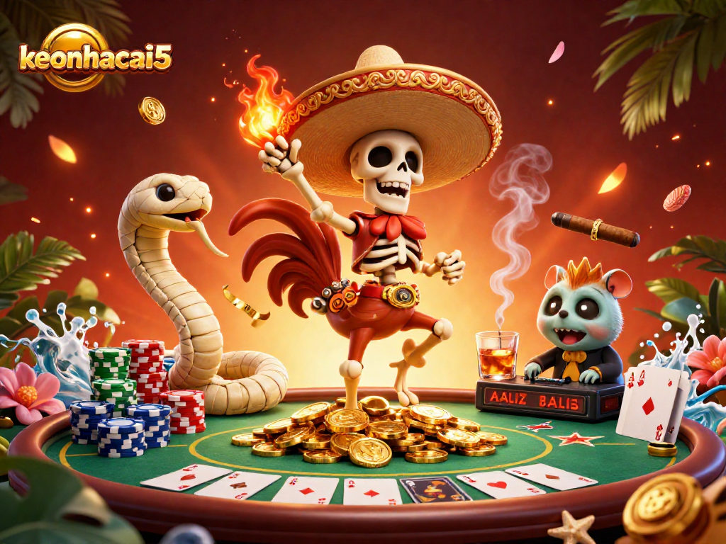 Engage in the excitement of keonhacai5 with a vibrant casino scene featuring a mariachi skeleton celebrating wins.
