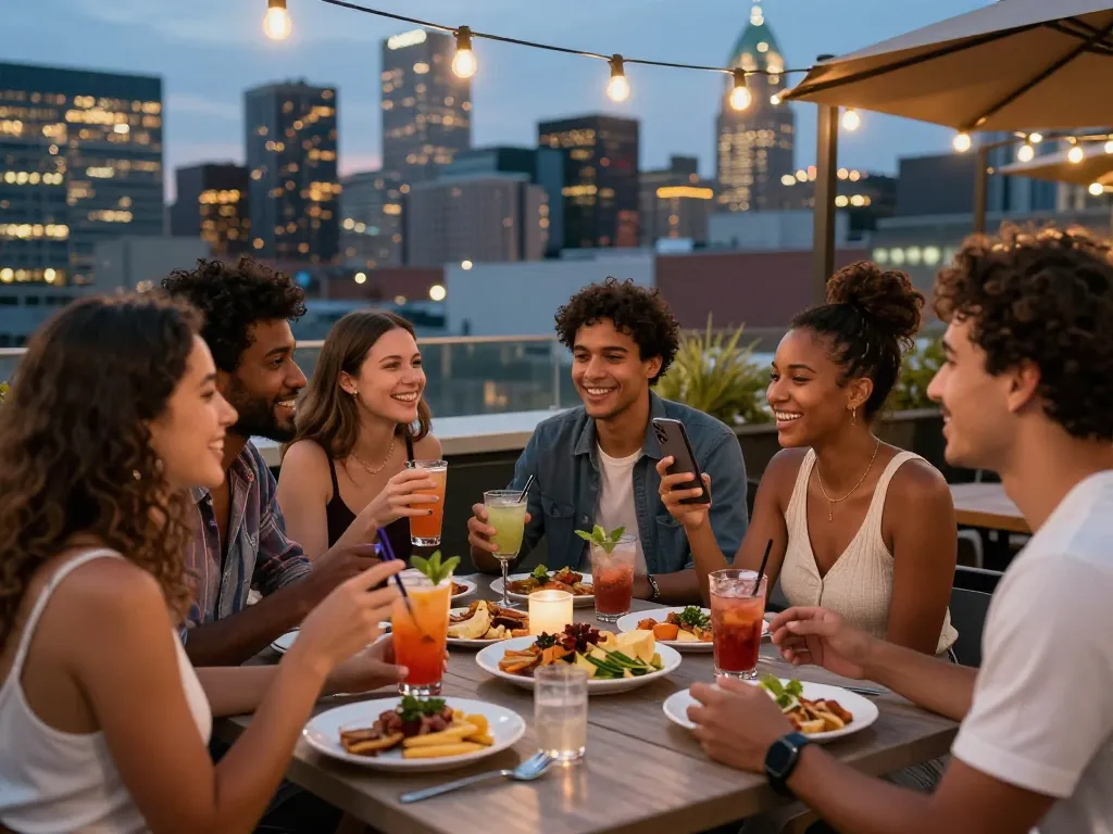 Youthful gathering in urban setting with diverse friends enjoying drinks, highlighting an nsfw lifestyle moment.