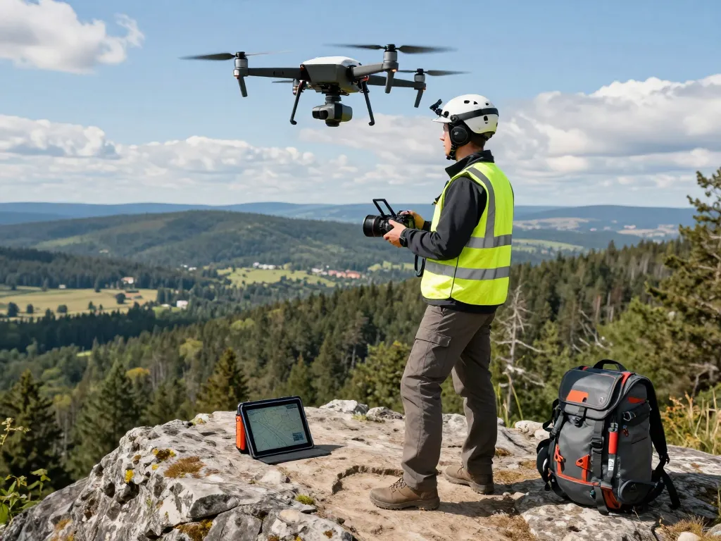 Drone operator controlling a lidar drone in a rugged landscape, showcasing aerial surveying technology.