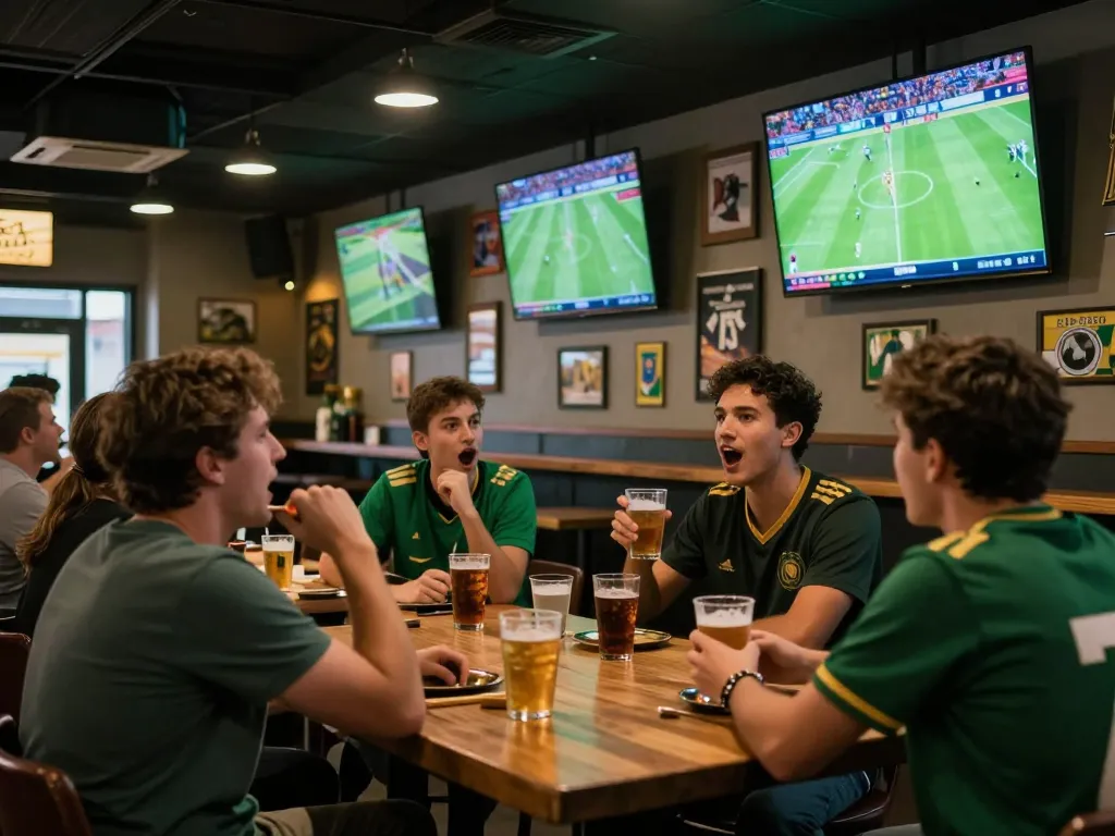 Xoilac viewers enjoying live football action in a bustling sports bar, showcasing fan engagement and excitement.
