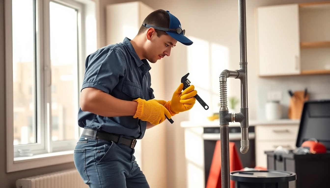 Emergency plumber manhattan fixing a burst pipe in stylish NYC kitchen, showcasing professionalism.