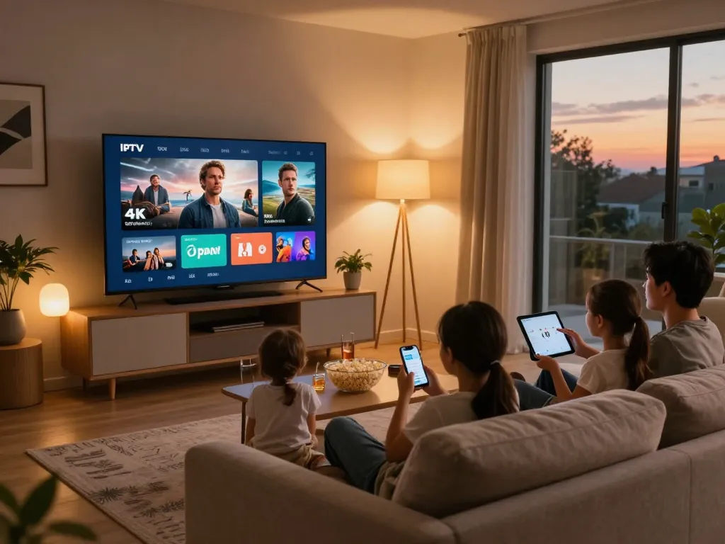 Family enjoying IPTV deutschland streaming 4K movies in a cozy living room setup.