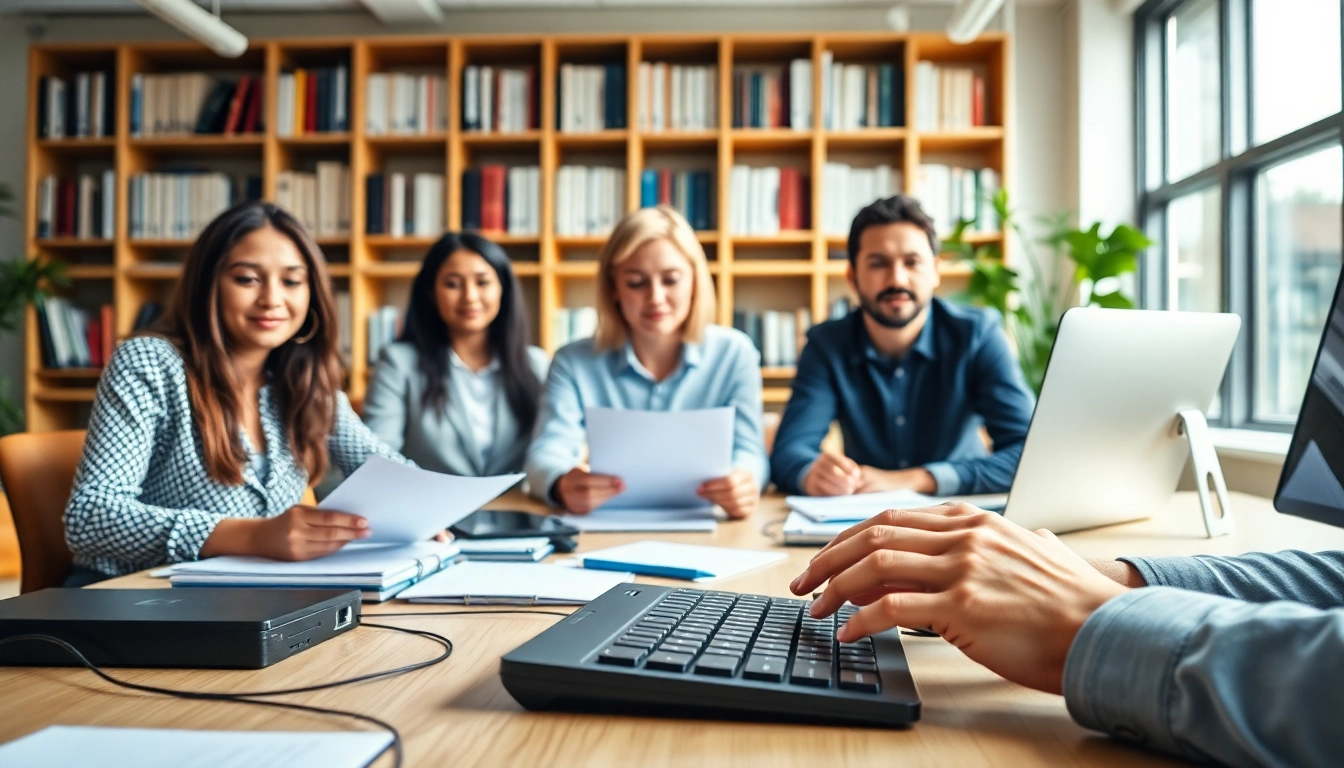 Typing Center showcasing a skilled team collaborating effectively in a modern office setting.