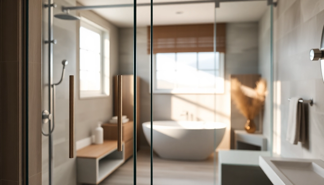 Modern shower doors sliding open in a stylish bathroom with natural lighting.