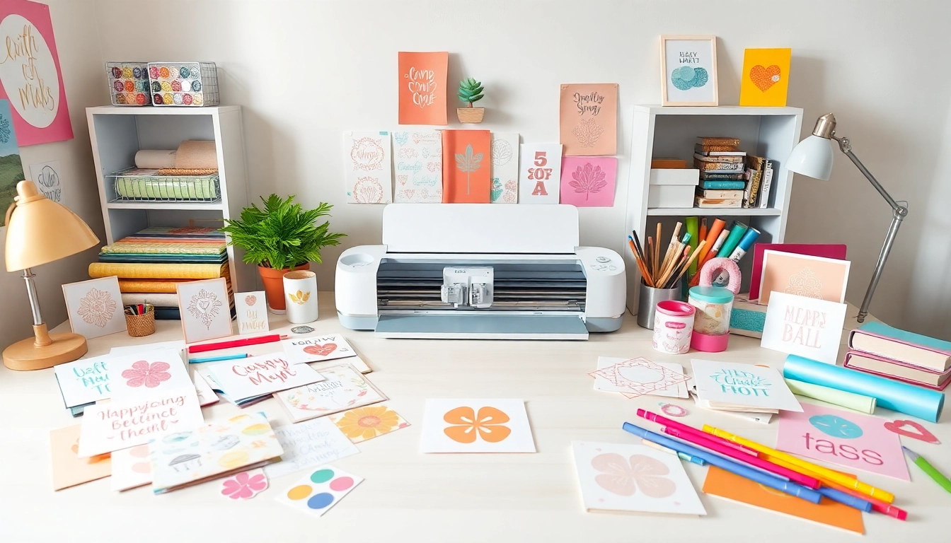 High-quality design bundles SVG in a vibrant crafting workspace, featuring a Cricut machine and colorful vinyl.