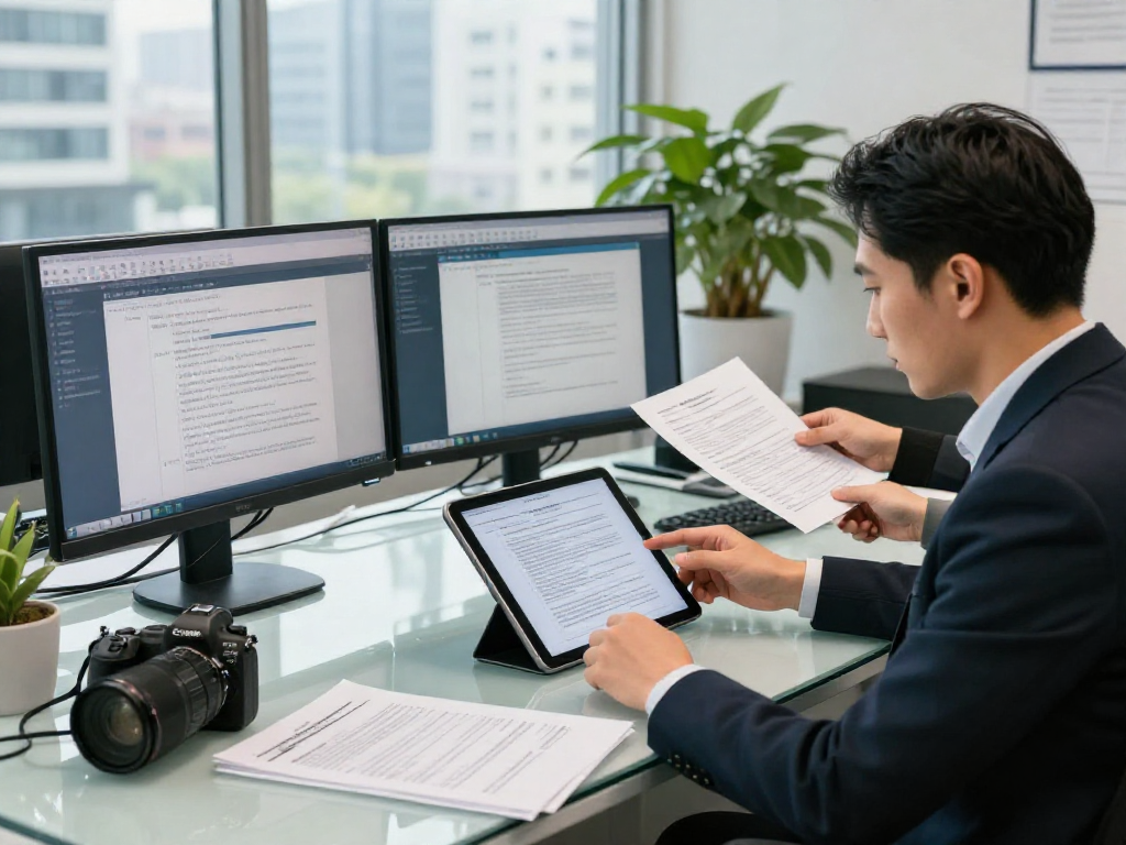 Expert in document fraud detection analyzing reports and digital data in a modern office.