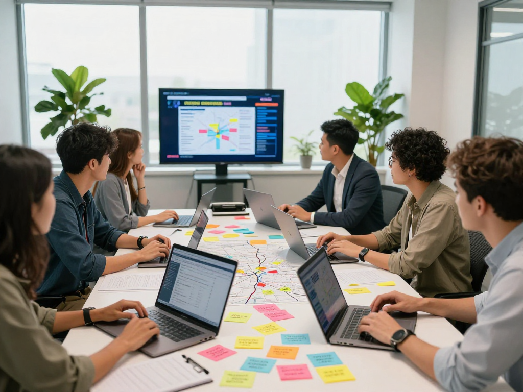 Issue advocacy campaign agency team analyzing voter data in modern office setting, fostering collaboration and strategy development.