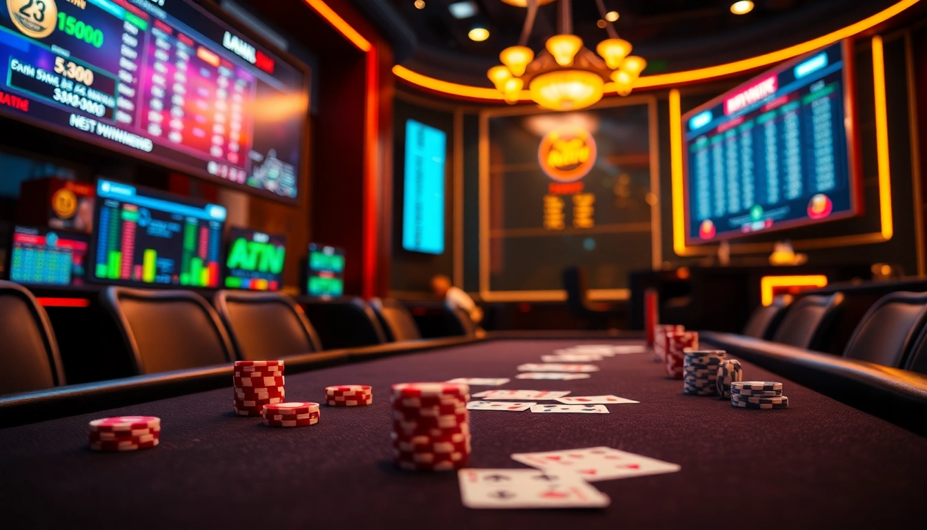 Experience the thrill of gambling at 78Win, featuring poker tables and vibrant digital interfaces.