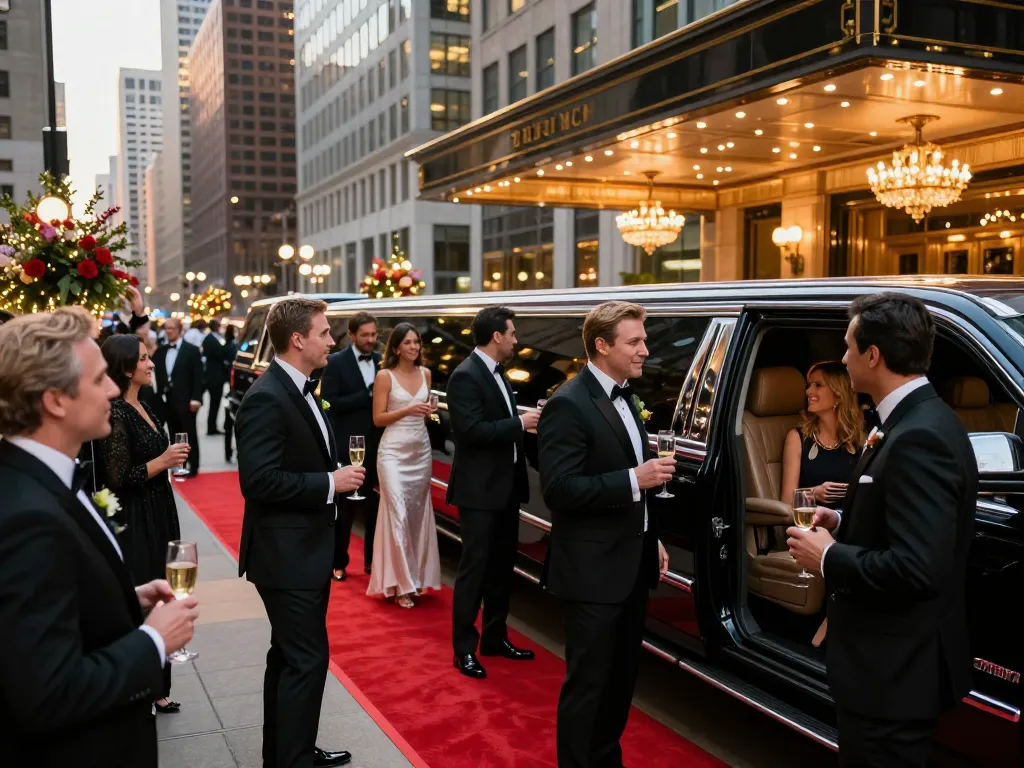 Arrive in style with our luxury limo service Chicago, guests in evening attire stepping from a GMC Yukon limousine.