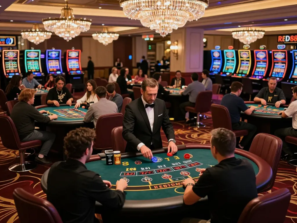 Engaging gameplay at RED88 casino with players at blackjack tables in a luxurious setting