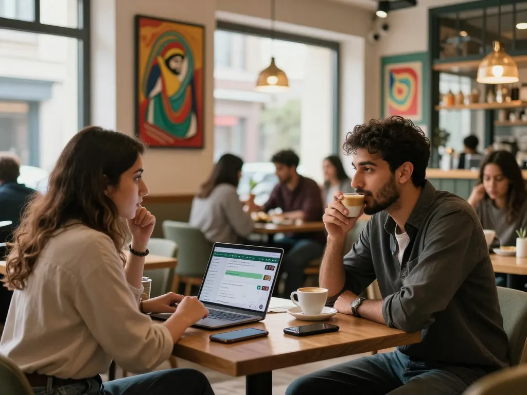 Engaged young Palestinians enjoying conversation over coffee discussing شات فلسطين in a modern café.